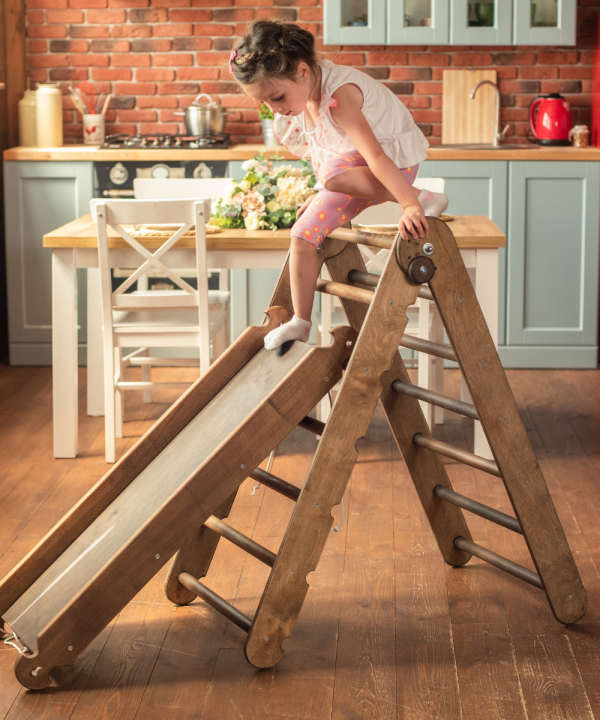 2in1 Montessori Climbing Frame Set: Triangle Ladder + Slide Board Ramp – Chocolate Online