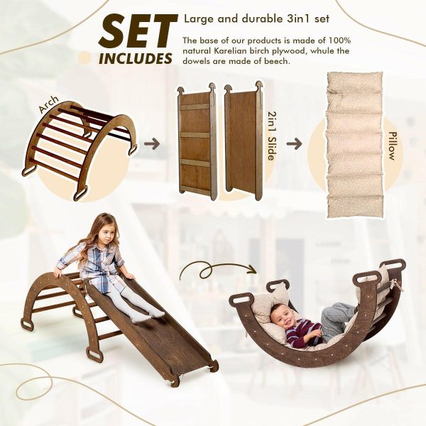 3in1 Montessori PlaySet for Toddlers: Arch + Slide + Cushion - Chocolate Online now - Image 2
