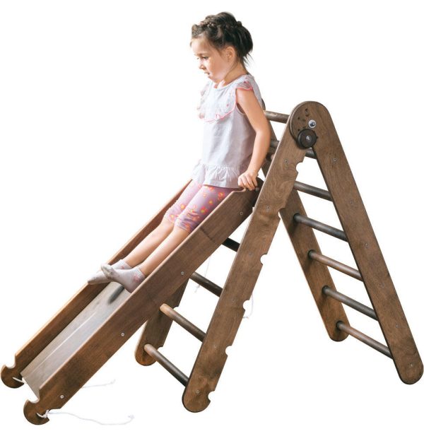 2in1 Montessori Climbing Frame Set: Triangle Ladder + Slide Board Ramp – Chocolate Online - Image 2